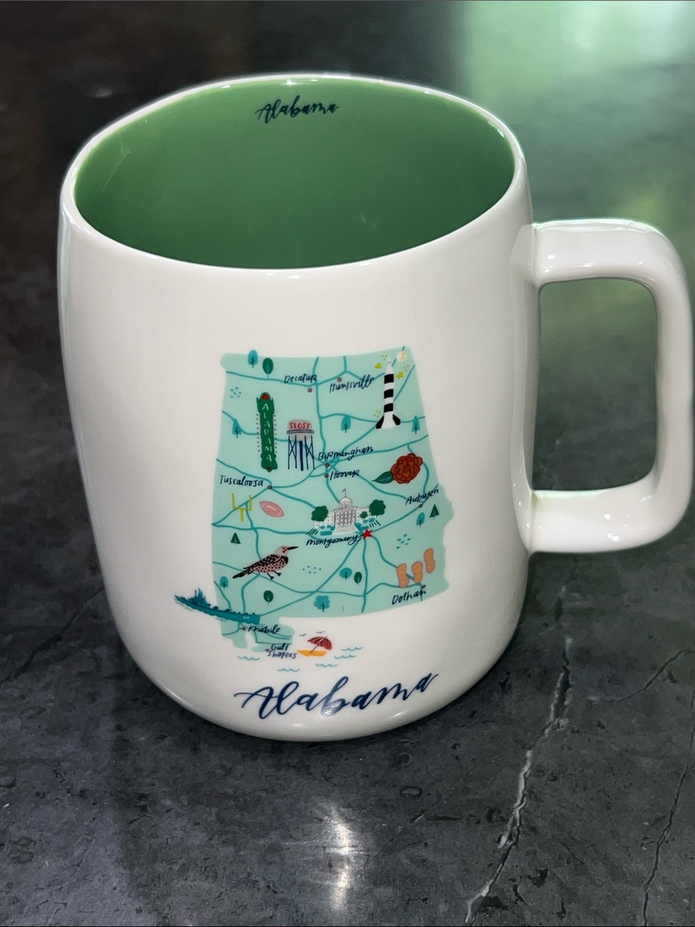Alabama Map Ceramic Mug with Green Interior